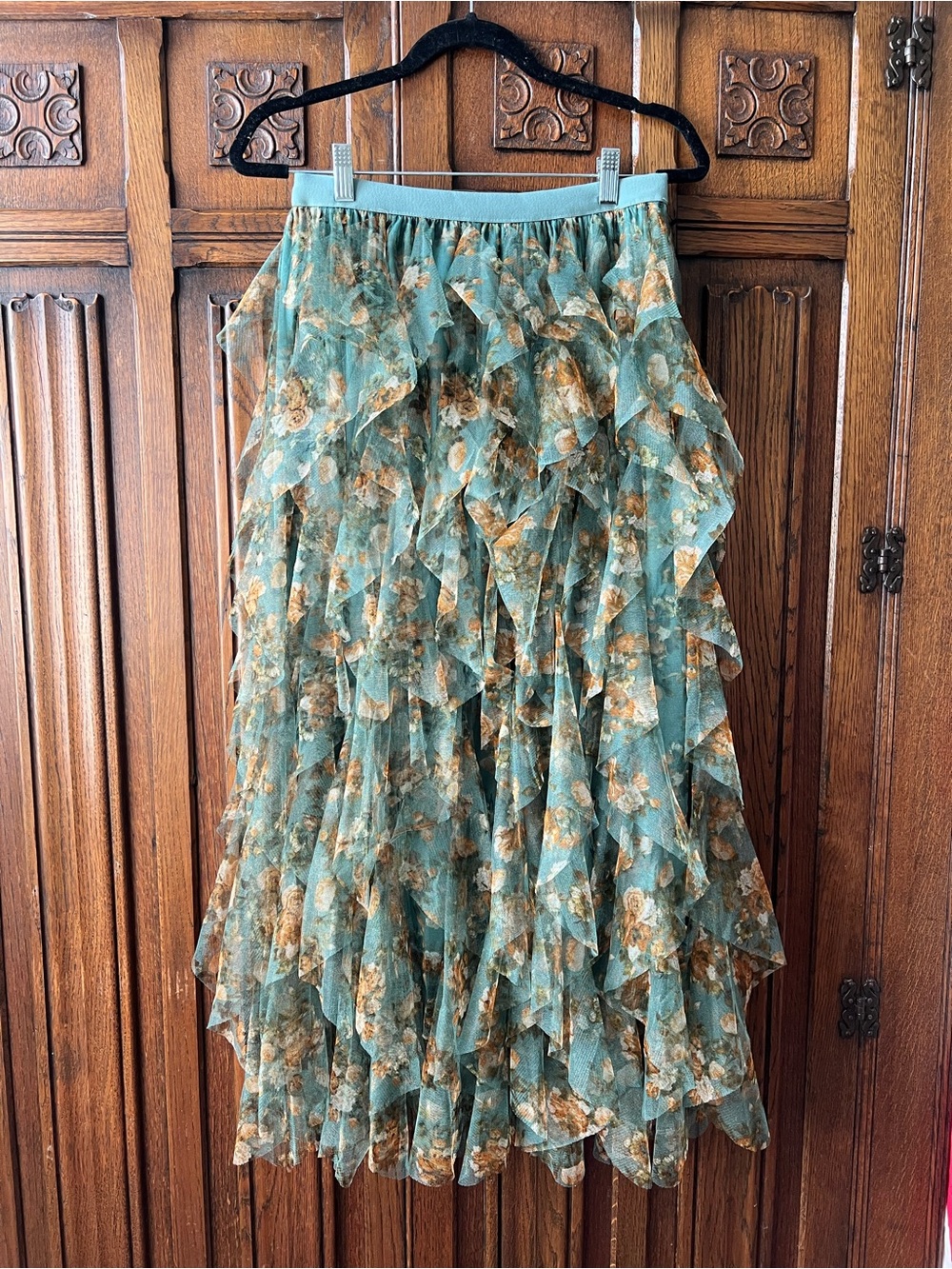 Amber Sky | Floral Tulle Midi Skirt | Size Large